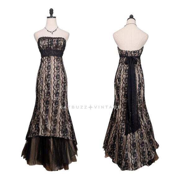 Vintage Niki Livas Prom Dress Maxi Gown 6 Black Lace Empire 90s Y2K Goth Mermaid - Picture 1 of 9